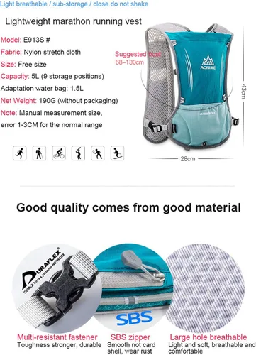 Vista 4 de Mochila ligera para correr de 5L, deportes al aire libre, carreras de senderos, maratón, senderismo, fitness, bolsa de hidratación, paquete
