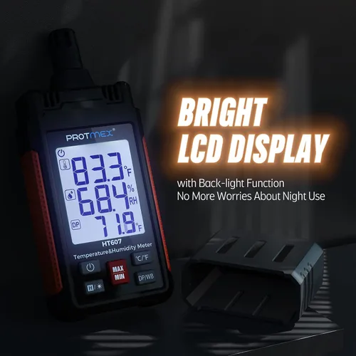 Vista 5 de Protmex HT607 Medidor de temperatura y humedad higrómetro digital de alta precisión con ambiente, humedad relativa, punto de rocío, termómetro