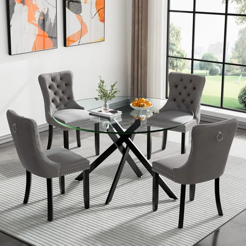 Vista 123 de Juego de mesa de comedor de cristal plateado moderno de 47 pulgadas para 2, juego de mesa de comedor de cocina redonda de 3 piezas con patas