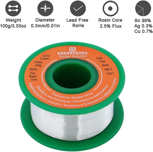 Vista 2 de Alambre de soldadura ultra fino sin plomo núcleo de colofonia soldadura de aleación 0.01in 0.012 in 3.53 oz Sn99 Ag0.3 Cu0.7 flujo 3.53 oz