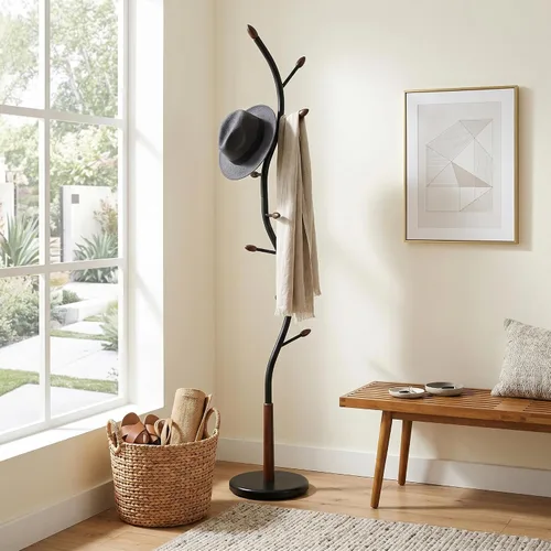Vista 4 de Roundhill Furniture Perchero de pie de metal Arles, color negro y nogal
