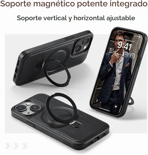 Vista 3 de Funda para iPhone 13 con soporte compatible con Magsafe de piel sintética delgada y poliuretano termoplástico duradero a prueba de caídas, soporte
