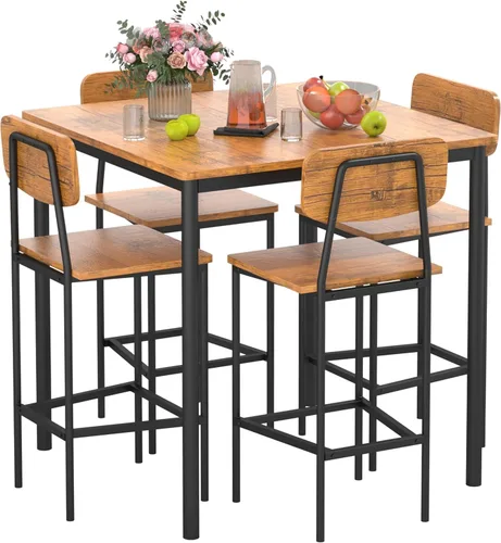 Vista 11 de Juego de mesa de comedor para 4, mesa de cocina de 5 piezas con sillas, juego de comedor industrial resistente que ahorra espacio para pub, cenas