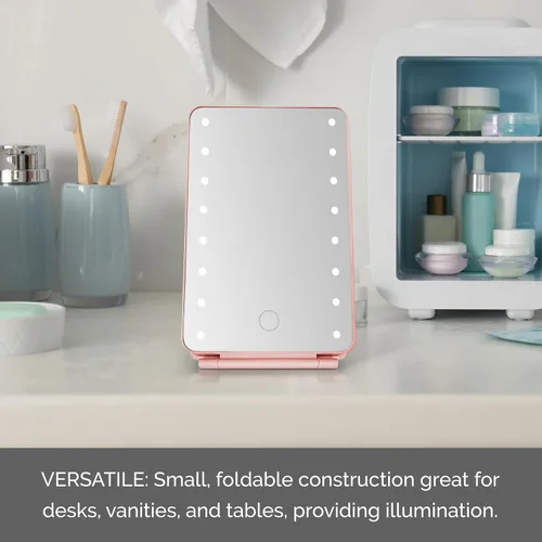 Vista 4 de MELANNCO Espejo de tocador con luces, 7.8 x 5.3 pulgadas, espejo de maquillaje LED de oro rosa para escritorio, 16 bombillas LED, plegable