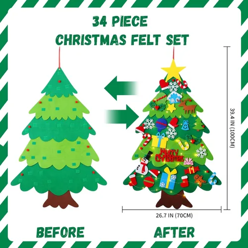 Vista 2 de YCoisini Árbol de Navidad de fieltro para niños pequeños, mi primer árbol de Navidad para niños de 0,9 m, 34 adornos para colgar en la pared