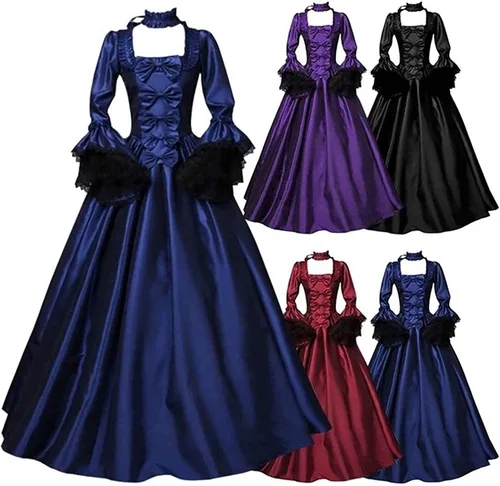 Vista 3 de ZEFOTIM Medieval DressWomens Vintage Hooded Witch Cloak Dress Trumpet Sleeve Medieval Wedding Dress Halloween Cosplay Dress