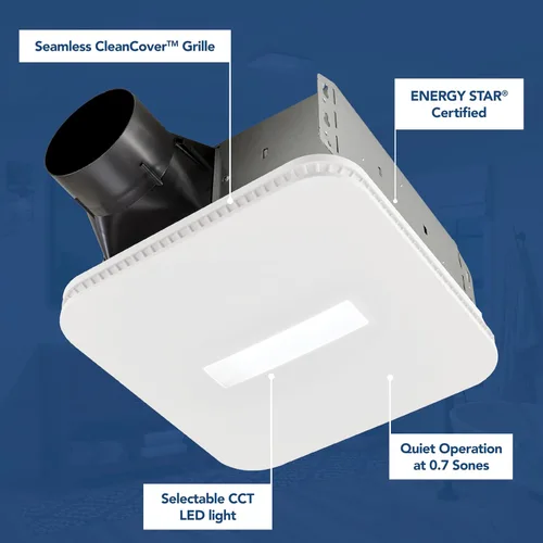 Vista 2 de Broan-NuTone AER80CCTK CleanCover - Ventilador de baño, 80 CFM, 0.7 Sone, con luz LED CCT seleccionable, Energy Star, blanco