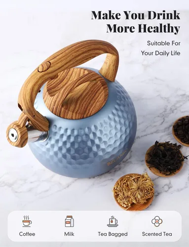 Vista 2 de BELANKO - Tetera de acero inoxidable de 2.7 cuartos de galón para estufa, de grado alimenticio con mango de patrón de madera, con silbido fuerte