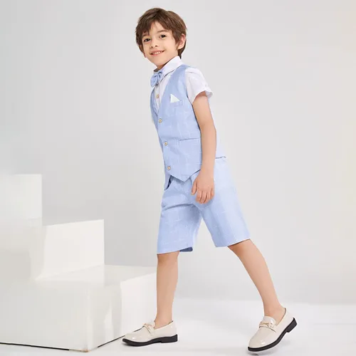 Vista 4 de Traje de verano para niños, ropa de vestir para niños, traje de portador de anillo de boda, 4 piezas, camisa, chaleco y pantalones cortos