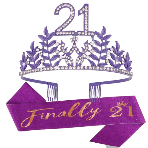 Vista 9 de Banda y tiara dorada de cumpleaños número 21, decoraciones y decoración para tartas, corona de finalmente 21