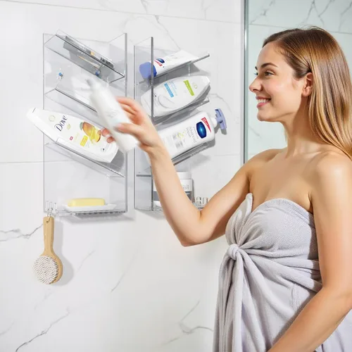 Vista 2 de AITEE Organizador de Baño Acrílico Caddy, Soporte Transparente para Champú Montado en la Pared, Organizador de Ducha con Ventosa, Sin Perforaciones