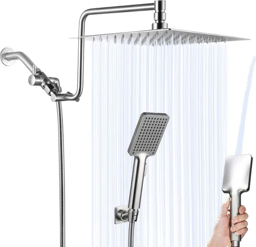 Vista 10 de Cabezal de ducha de 8 pulgadas para California con combo de mano, brazo de extensión de 12 pulgadas de altura ajustable, cabezal de ducha de acero
