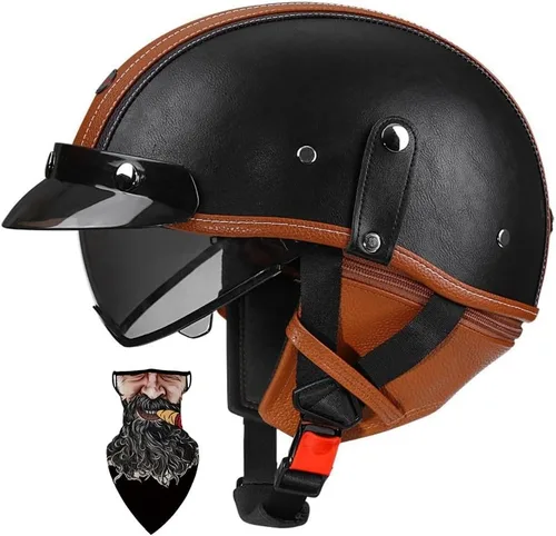 Vista 10 de Casco Moto Retro Jet Vintage DOT Homologado para adultos, hombres y mujeres, forro transpirable desmontable, Visera Retráctil PC y hebilla rápida