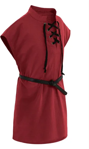Vista 2 de Camisetas de pirata renacentista para niños, estilo vikingo, medieval, sin mangas, con cordones, de algodón escocés