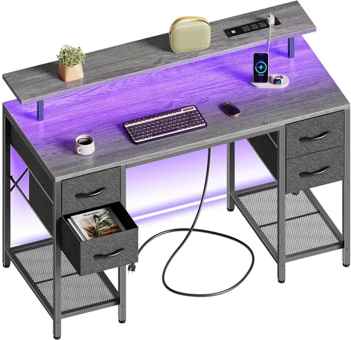 Vista 19 de Huuger Escritorio para computadora de 47 pulgadas con 4 cajones, escritorio para juegos con luces LED y tomas de corriente, escritorio de oficina