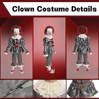 Vista 4 de Disfraz de payaso para niños adultos, disfraces aterradores de Halloween con máscara de payaso LED, globos, kit de maquillaje para fiesta