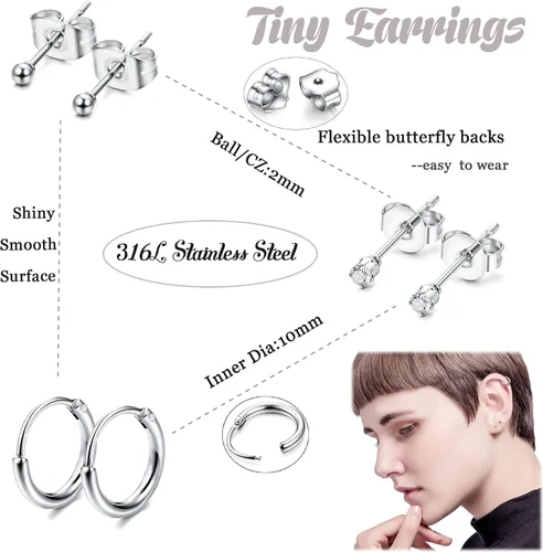Vista 3 de Jstyle Pendientes de acero inoxidable de 0079in para mujer aros infinitos CZ bolas de cartílago juego de pendientes de plata y oro