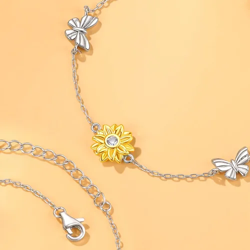 Vista 3 de SNZM Pulseras para mujer de plata de ley 925 con diseño de girasol, cadena ajustable con dije de corazón para cumpleaños, día de la madre, girasol