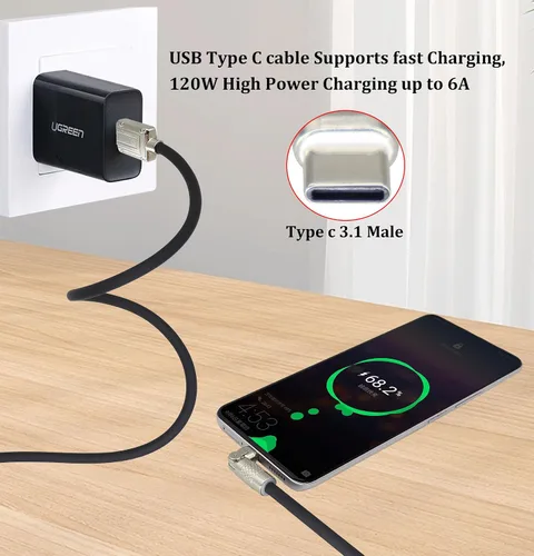 Vista 7 de Cable USB C tipo C, cable de silicona de carga rápida tipo C, macho a USB A macho, con rotación de 180°, carga rápida Ca-ble compatible con Sam-Sung