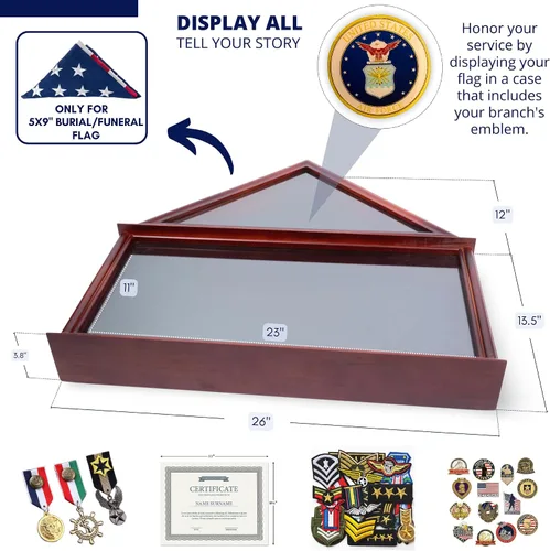 Vista 3 de DECOMIL - Caja grande de sombra militar, marco conmemorativo de entierro funerario para bandera de 5 x 9, madera maciza (caoba) (fuerza aérea)