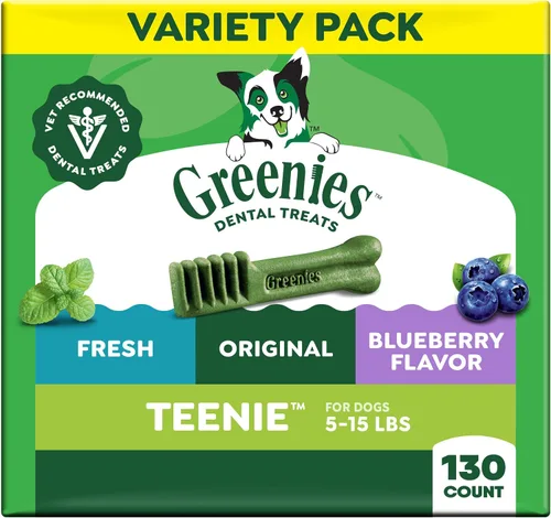 Vista 19 de Greenies Golosinas dentales naturales para perros adultos recomendadas por veterinarios, tamaño Teenie, sabor a arándano azul, paquete de 12 oz., 43