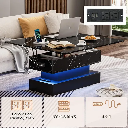 Vista 3 de SYESWAY Mesa de Centro Elevable de 39.4" con Estación de Carga, Mesa de Centro Multifuncional 4 en 1 con Almacenamiento y Compartimentos Ocultos