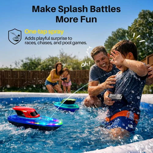 Vista 12 de SYMA Paquete de 2 barcos RC para niños, barcos de control remoto para piscina, luz LED de 7 modos y rociador de agua, hasta 40 minutos en total