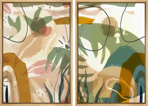 Vista 15 de IDEA4WALL Lienzo Enmarcado Impreso Arte de Pared Set Paisaje de Hojas de Palma de Selva de Mediados de Siglo Naturaleza Silvestre Ilustraciones Arte