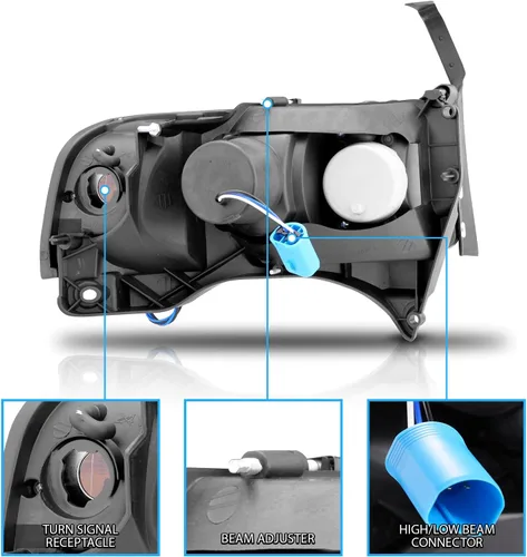 Vista 6 de AmeriLite Juego de 1 faro delantero de repuesto negro con lámpara de estacionamiento LED de esquina para Dodge Ram 1500 2500 3500 1994-2001, lado