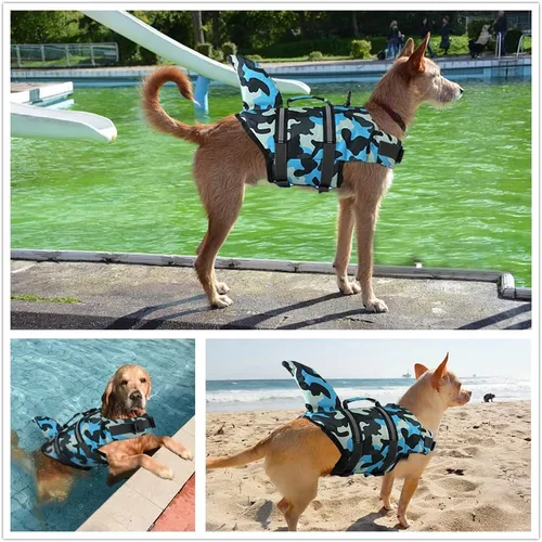 Vista 2 de Doglay Chaleco salvavidas para perro, chaleco salvavidas de tiburón Camuflaje azul-tiburón
