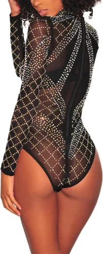 Vista 2 de Lrady - Body de cuello tortuga con malla transparente para mujer, con aberturas