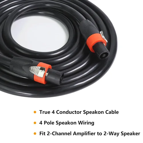 Vista 2 de HBU Paquete de 2 cables Speakon True de 4 conductores de 3 pies, cable Speakon de 4 polos a SpeakON - Amplificador de escenario PA DJ de 12 AWG a
