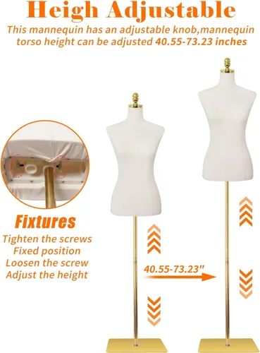 Vista 4 de Maniquí de torso para vestido con forma de 40.55-73.23 pulgadas de altura ajustable, modelo femenino para exhibición, cuerpo de maniquí con soporte