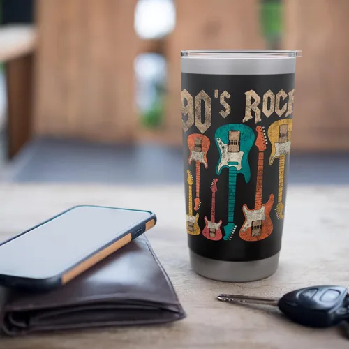 Vista 7 de Vintage 90s Rock Guitar Cassette Tape 1990s Disfraz de acero inoxidable vaso aislado