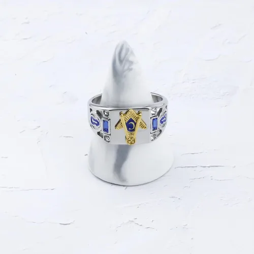 Vista 4 de RLJWUNB Anillo de regalo masón masón masónico para logia masónica, símbolo masón chapado en oro, anillo de motociclista para fanáticos masones