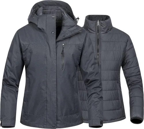Vista 9 de CREATMO US Chaqueta de esquí impermeable 3 en 1 para mujer, resistente al viento, chaqueta de snowboard cálida para invierno