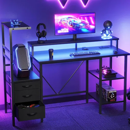 Vista 40 de Mericonia Escritorio para computadora en forma de L con tomas de corriente, escritorio para juegos reversible con estantes de almacenamiento y Marrón