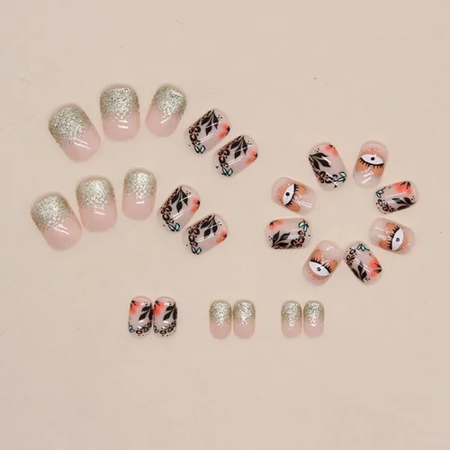 Vista 3 de Uñas postizas a presión degradadas con purpurina de longitud corta, uñas postizas en forma de ataúd con diseño de hojas de corazón, 24 uñas postizas