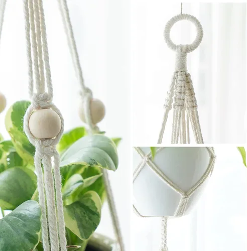 Vista 3 de Mkono Colgador de plantas de macramé, cesta colgante de 2 niveles para interior/exterior, cuerda de algodón con cuentas, 4 patas, 49 pulgadas