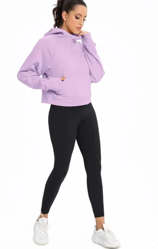 Vista 5 de Sudadera corta con media cremallera para mujer, con forro polar, con cremallera de un cuarto, sudadera atlética de moda, trajes de invierno