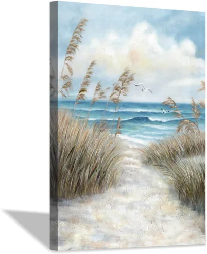 Vista 15 de Cuadro abstracto de playa para pared: camino de arena al océano con hierba marina pintura para dormitorio (16 x 12 x 1 panel)