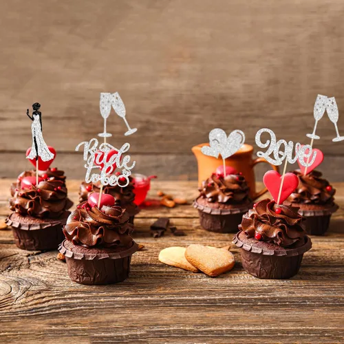 Vista 5 de 30 piezas de decoración para cupcakes con purpurina y corazón de amor, color champán, despedida de soltera, decoración para boda, compromiso plateado