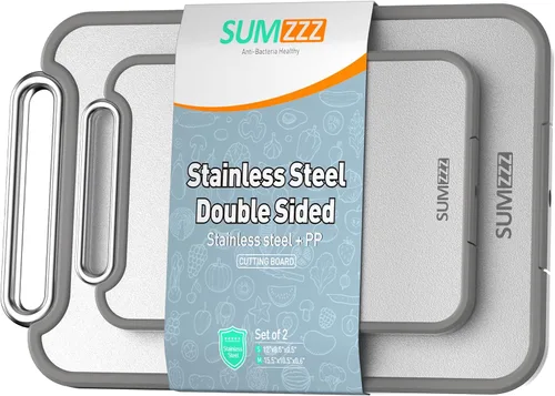 Vista 10 de Sumzzz Tabla de cortar de acero inoxidable para cocina, tabla de cortar 2 en 1 de doble cara, apta para lavavajillas, acero inoxidable de grado