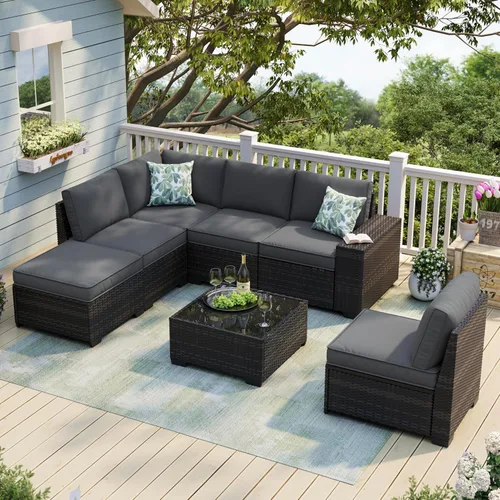 Vista 11 de JOYURE Juego de muebles de patio de 5 piezas, sofá de exterior con cojines impermeables, sofá de patio en forma de L de ratán y mesa auxiliar Gris