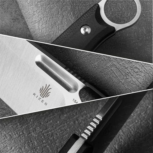 Vista 8 de Cuchillo de hoja fija Kizer Cabox de 3.36" (8.53 cm) 154CM de acero con mango G10 y funda para supervivencia y campamento 1048C1 Mango G10