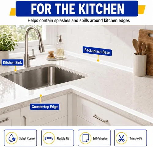 Vista 5 de Protector contra salpicaduras para fregadero de cocina y barrera de agua para bañera, 39 pulgadas, color negro Flexible self-adhesive water dam