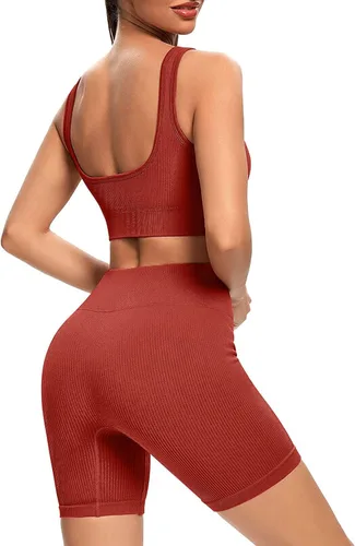 Vista 3 de TWFRHC - Conjuntos de entrenamiento para mujer con tirantes acanalados, 2 piezas, sin costuras, cintura alta, para gimnasio, pantalones cortos