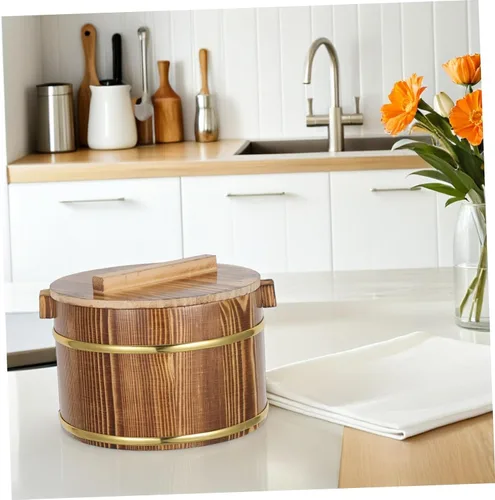 Vista 6 de DOITOOL Cubo de arroz de madera para cocinar arroz, cubo de vapor para sushi, cuenco de arroz japonés Hangiri Sushi Oke Rice Mixing Tub con tapa