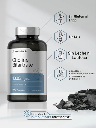 Vista 4 de Horbaach Suplemento de bitartrato de colina 1000 mg 250 cápsulas