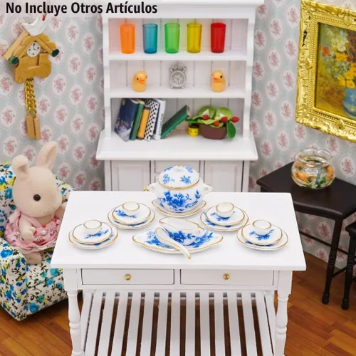 Vista 5 de Odoria Juego de vajilla en miniatura 1/12, 17 piezas, accesorios de decoración de casa de muñecas, flor azul